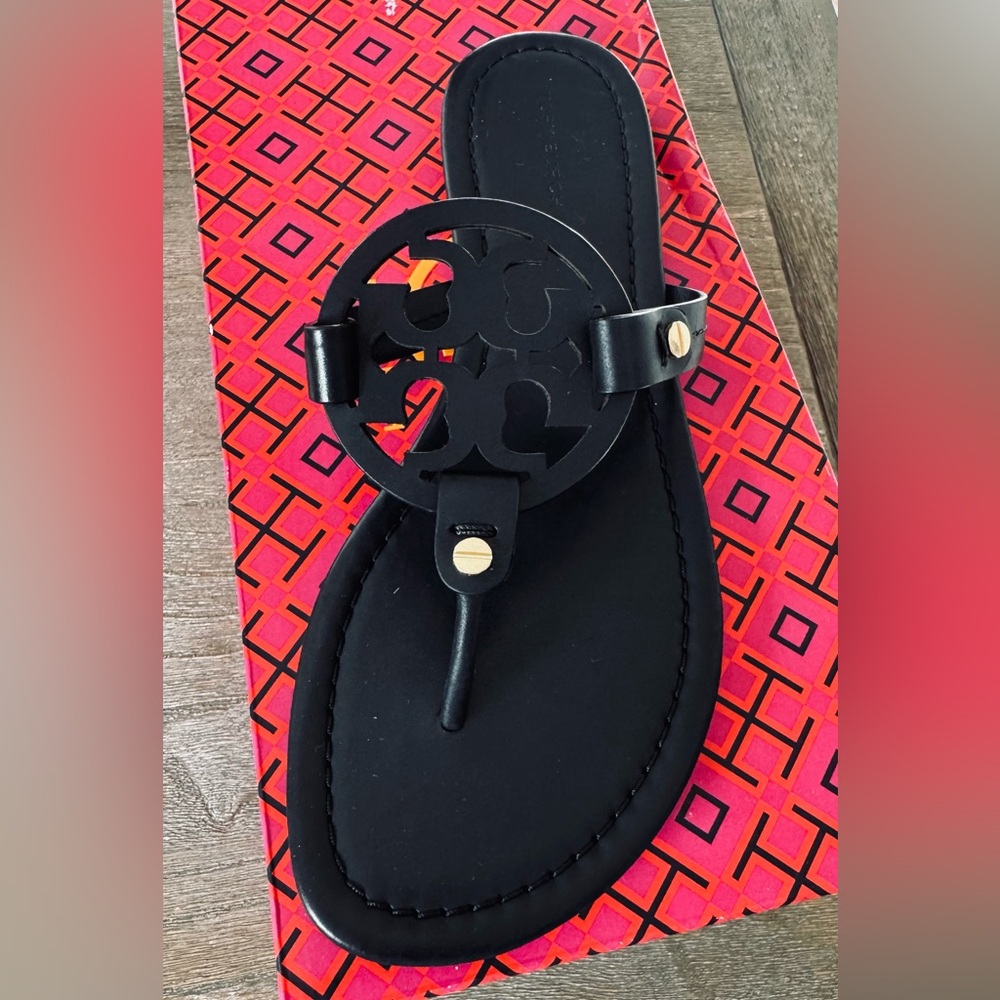 Tory Burch Black Sandals with Gold Logo Detail